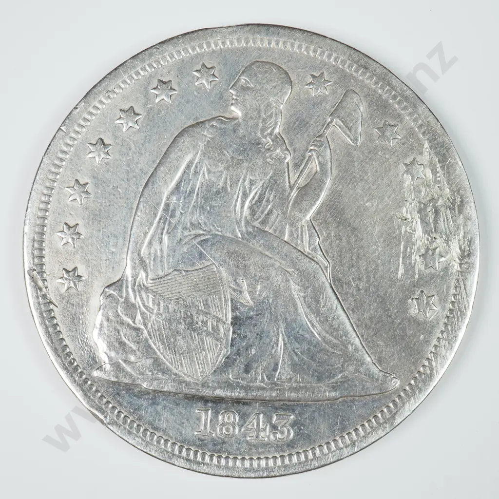 Seated Liberty & Trade Dollar: 1843 Seated Liberty - Cleaned With Marks And Filled Piercing Else Extremely Fine Image 1++