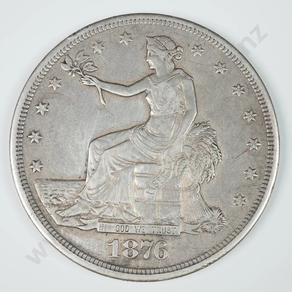 Seated Liberty & Trade Dollar: 1876 Trade Dollar - Mount Marks On The Reverse Else Extremely Fine Image 1++