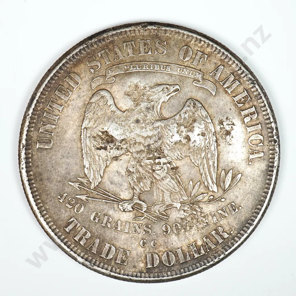 Seated Liberty & Trade Dollar: 1876 CC Trade Dollar - Extremely Fine. Chinese Chop Marks On The Obverse Image 1++