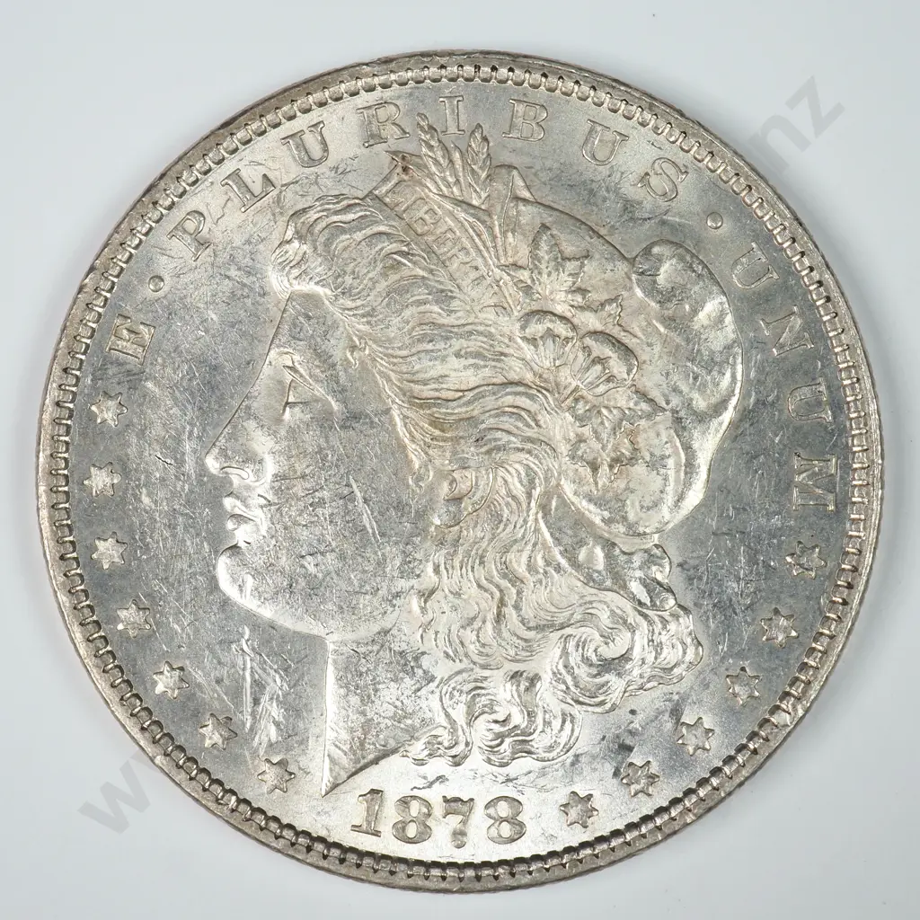 Morgan Dollar: 1878, 7 Over 8 Tail Feathers - Almost Uncirculated. C.V USD $134 ( NZD $235 ) Image 1++