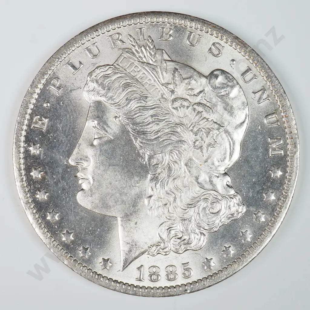 Morgan Dollar: 1885 O - MS60 C.V USD $116 ( NZD $200 ) MS65 C.V USD $308 ( NZD $535 ) Image 1++