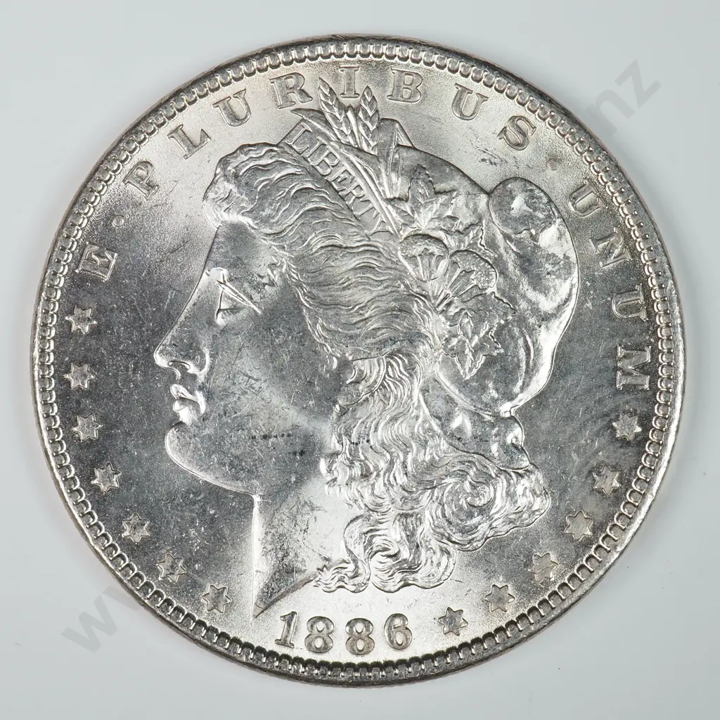 Morgan Dollar: 1886 - MS60 C.V USD $116 ( NZD $200 ) MS65 C.V USD $308 ( NZD $535 ) Image 1++