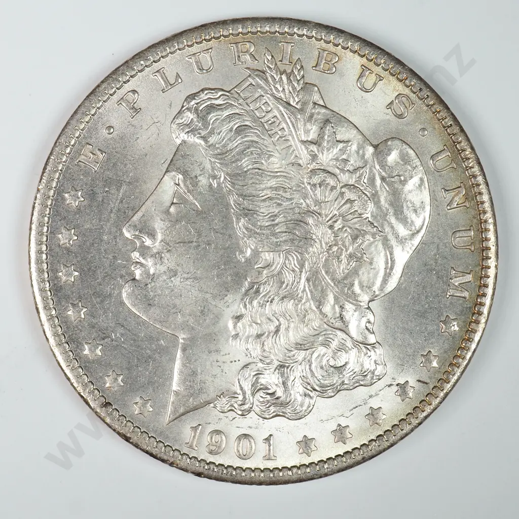 Morgan Dollar: 1901 O - MS60 C.V USD $116 ( NZD $200 ) MS65 C.V USD $308 ( NZD $535 ) Image 1++