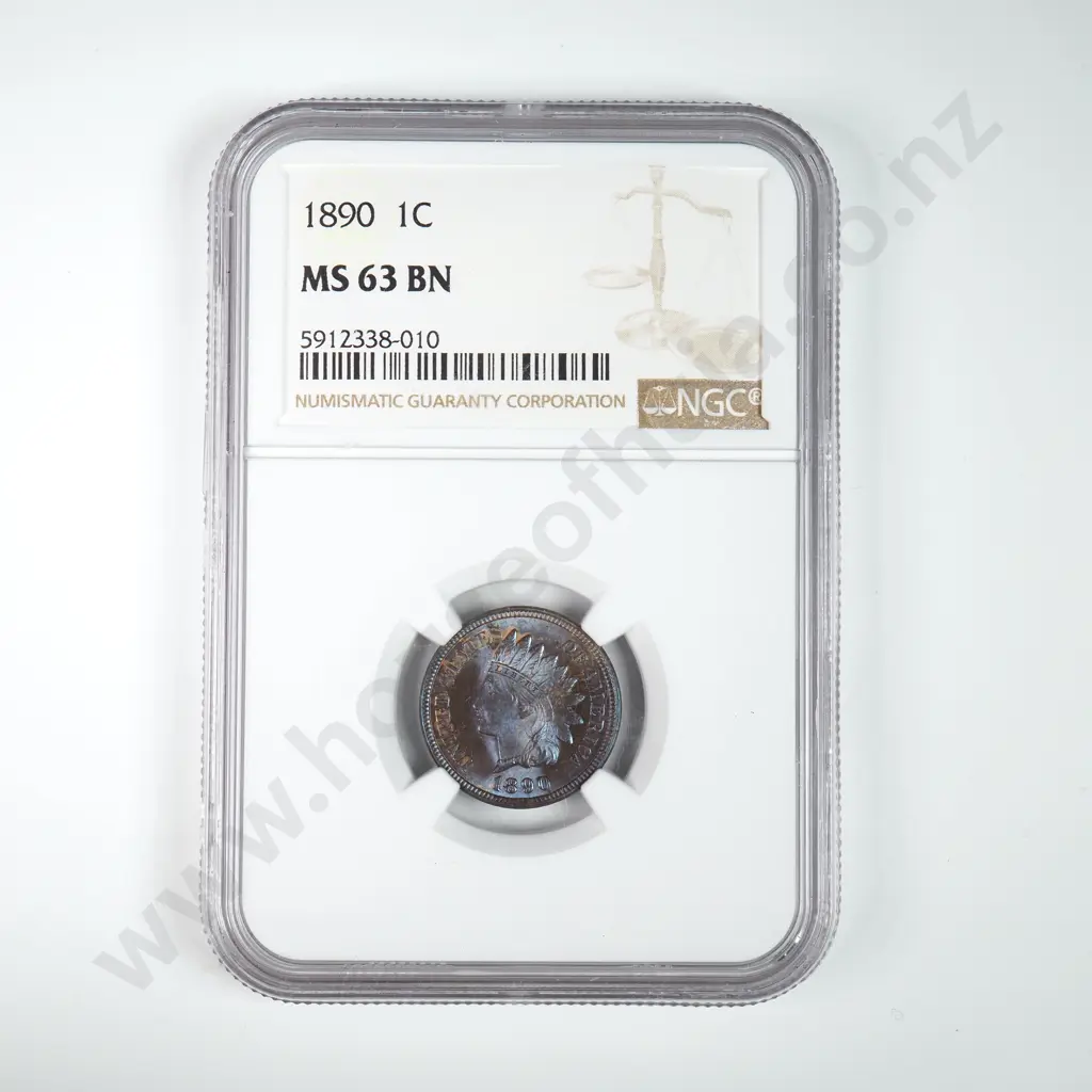 Slabbed And Graded Coin: 1890 One Cent - MS63 C.V USD $100 ( NZD $175 ) Image 1++