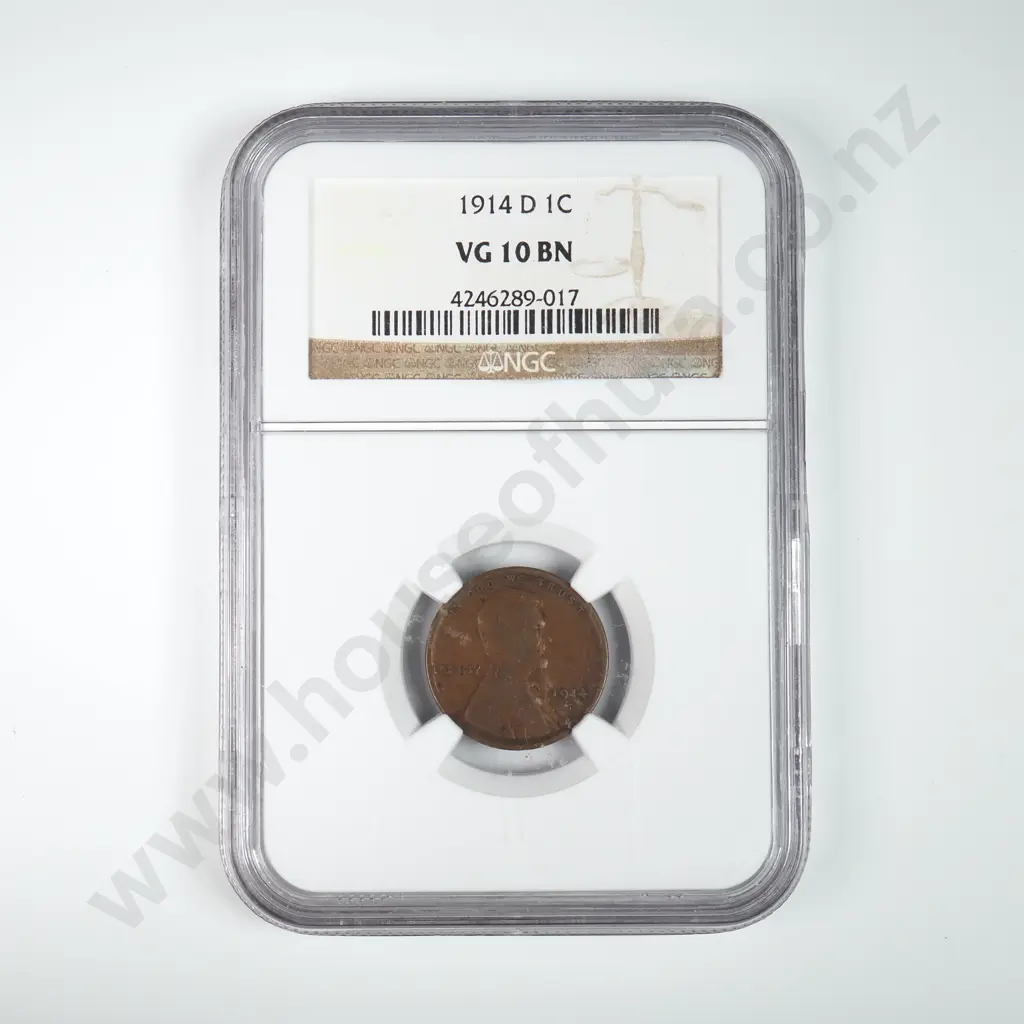 Slabbed And Graded Coin: 1914 D One Cent - VG 10 C.V USD $225 ( NZD $390 ) Image 1++