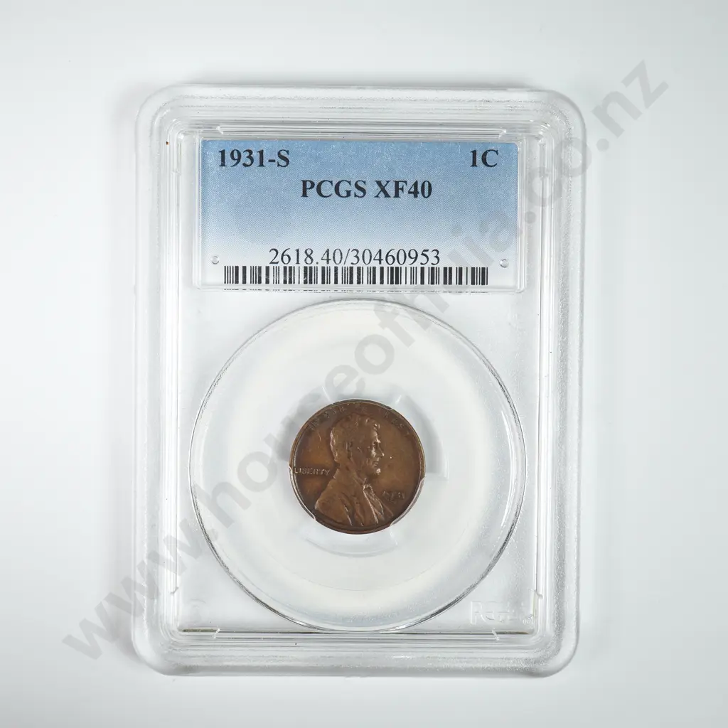 Slabbed And Graded Coin: 1931 S One Cent - XF 40 C.V USD $154 ( NZD $270 ) Image 1++