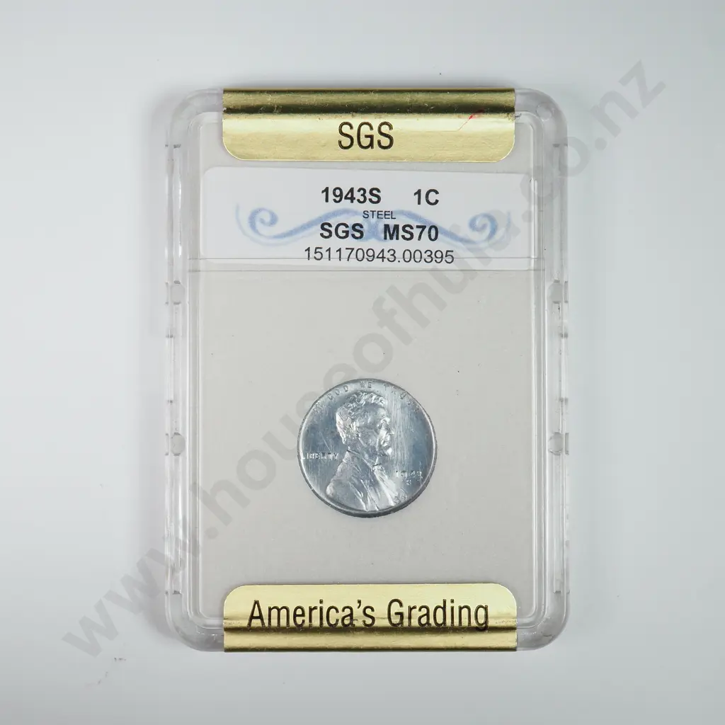 Slabbed And Graded Coin: 1943 S One Cent - MS70 C.V For MS65 USD $25 ( NZD $45 ) Image 1++