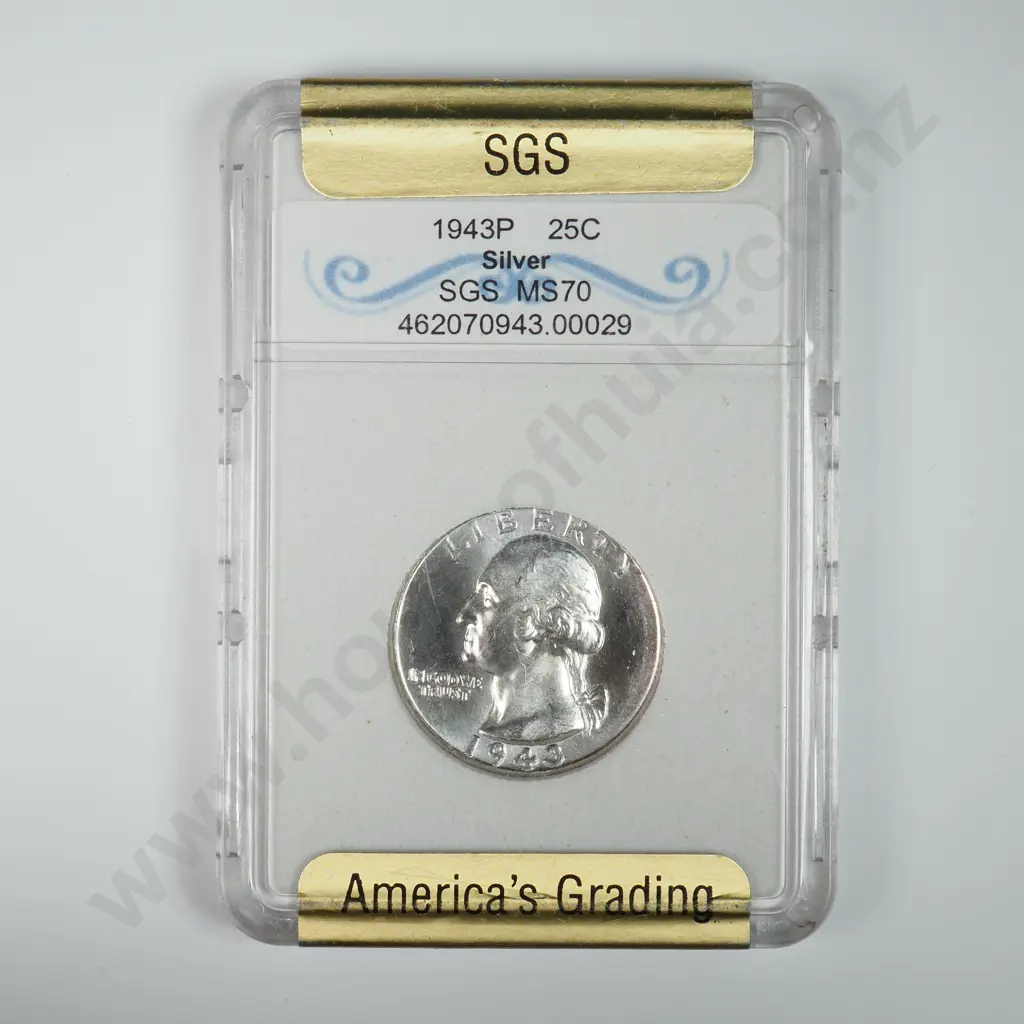 Slabbed And Graded Coin: 1943 Quarter Dollar - MS70 C.V For MS65 USD $56 ( NZD $55 ) Image 1++