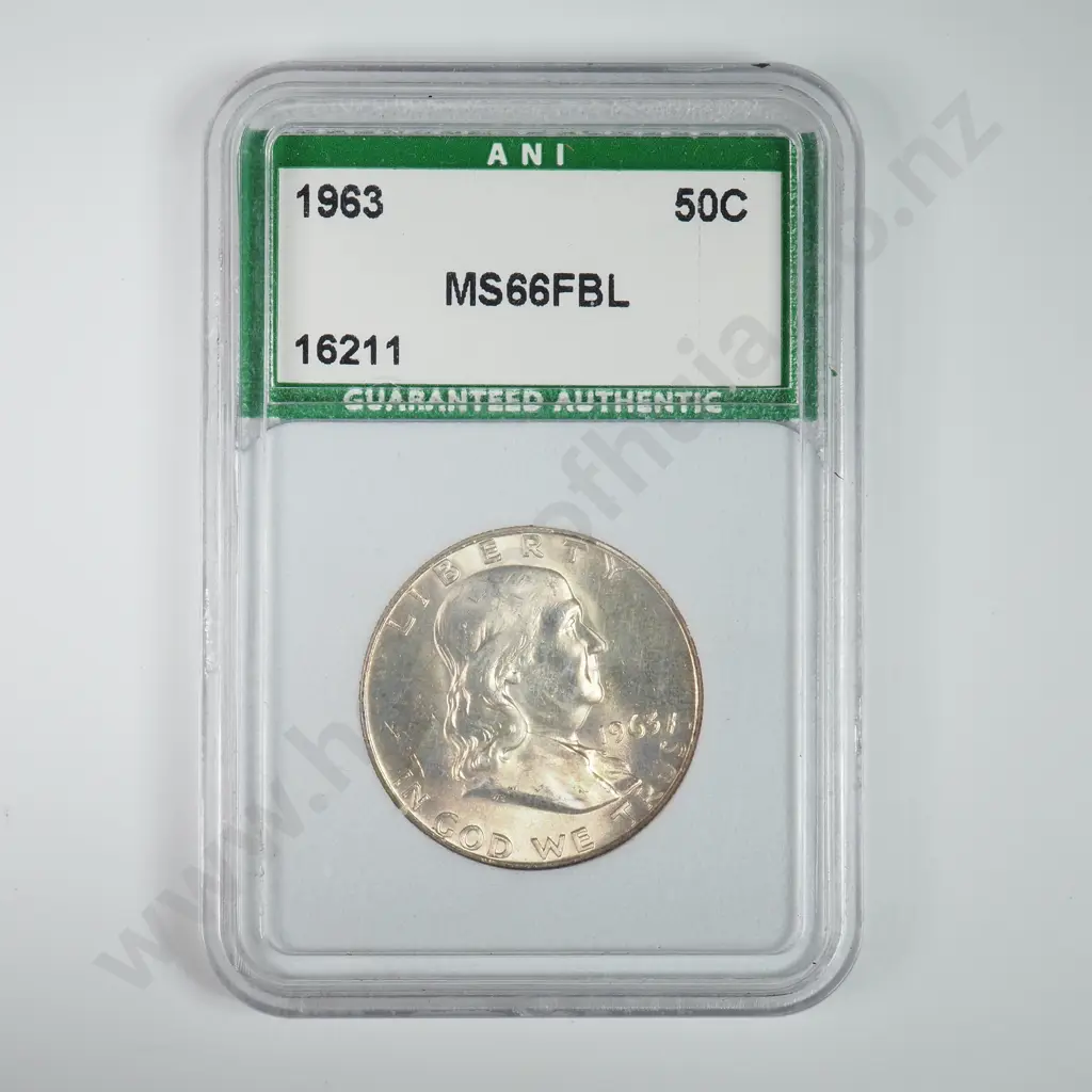 Slabbed And Graded Coin: 1963 Half Dollar - MS66 C.V USD $76 ( NZD $130 ) Image 1++