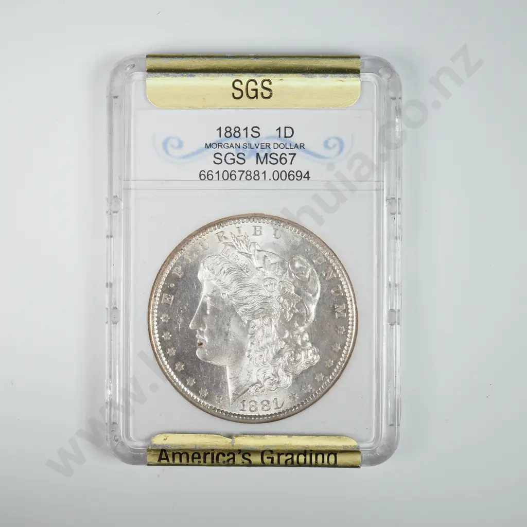 Slabbed And Graded Coin: 1881 S Dollar - MS67 C.V For MS65 USD $308 ( NZD $535 ) Image 1++