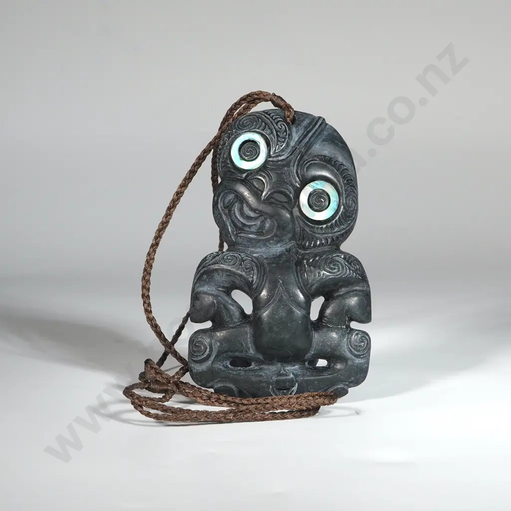 Pounamu Tiki With Whakararei Design & Plaited Cord  Image 1++