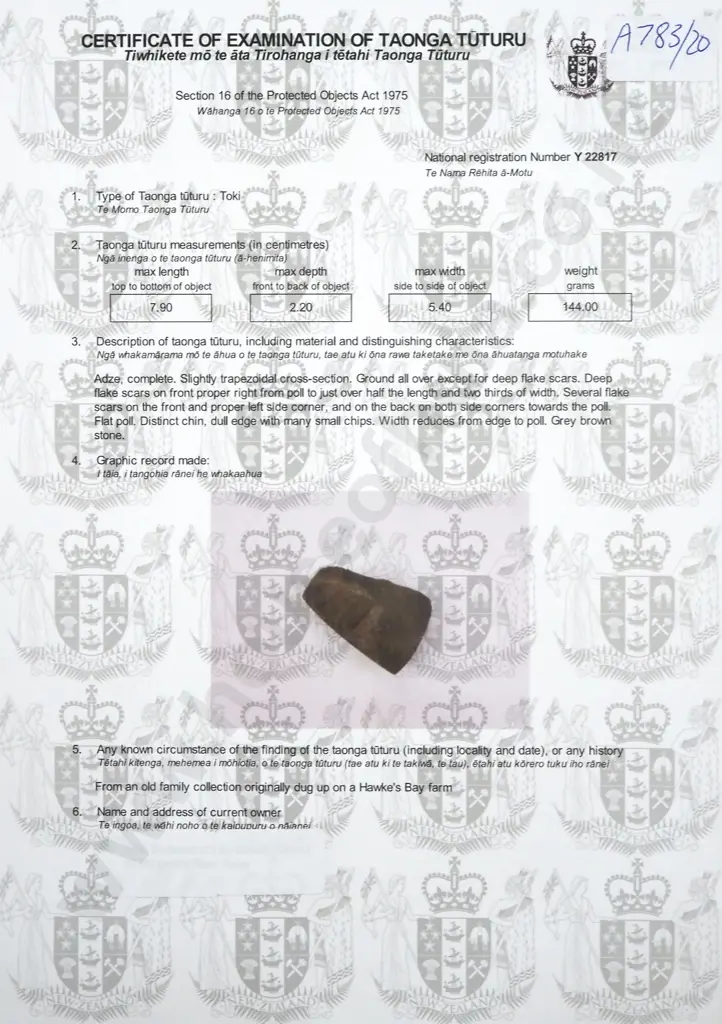 Pre-European Stone Toki - Found in the Hawkes bay Y22817 Image 1++