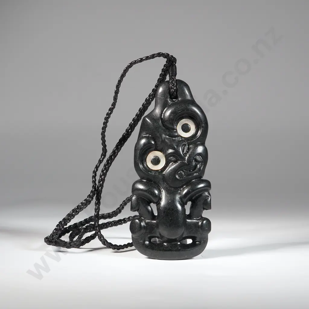 Pounamu Hei Tiki  with Black Plaited Cord 130 x 60 x 18 mm Image 1++