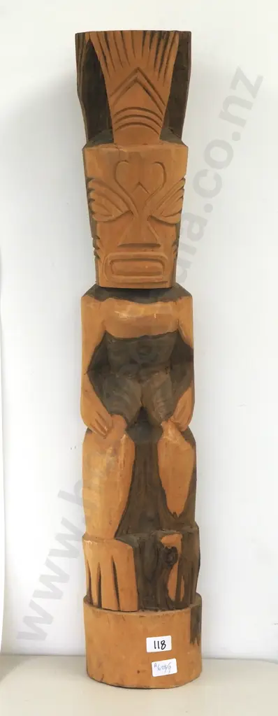 Wooden Tiki Statue with Carved Face & Body.  Image 1++