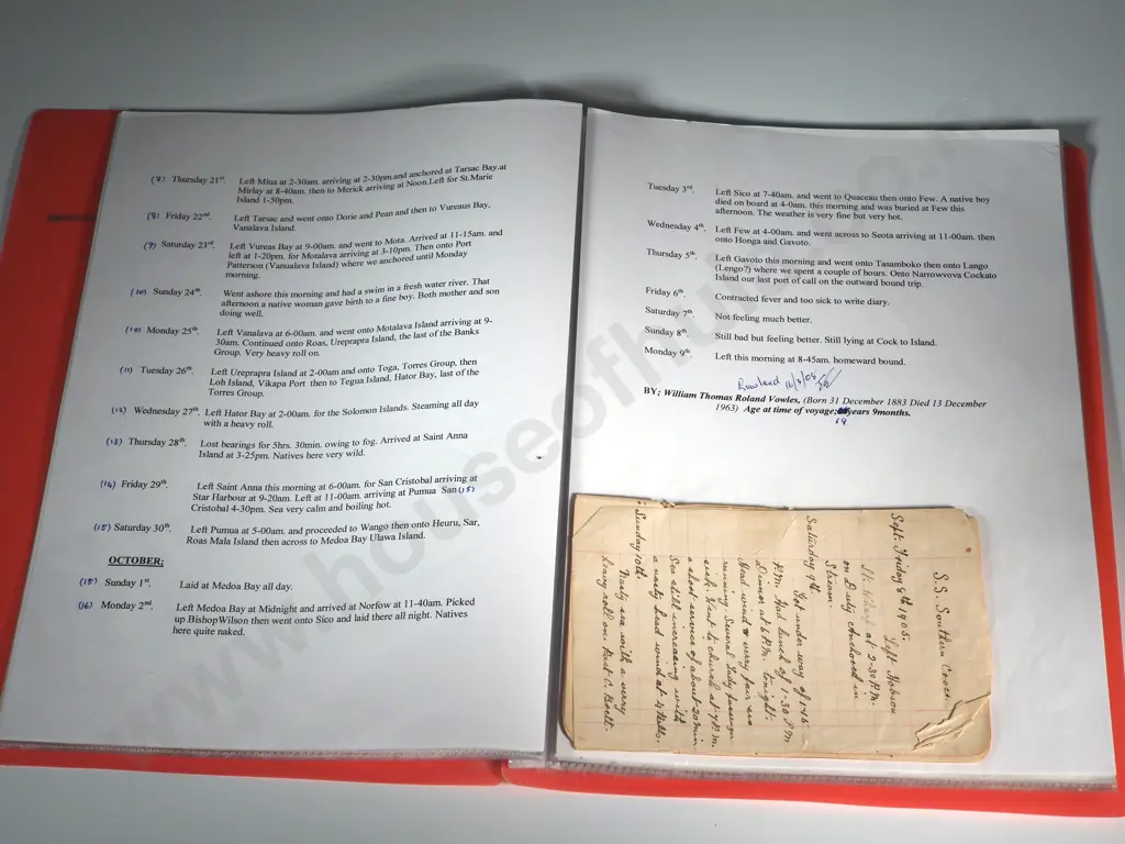 Diary of William Thomas Rowland Vowles during 1905 Voyage of the SS Southern Cross & Large Pacific Coral Head Specimen Image 1++