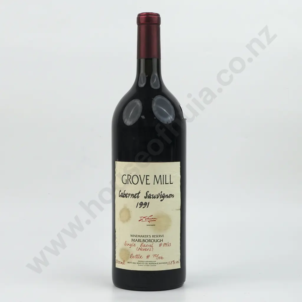 1991 Grove Mill Cabernet Sauvignon Single Nevers Barrel Number 70/106. David Pearce Winemaker. 1500ml. Vol 12.5% Image 1++