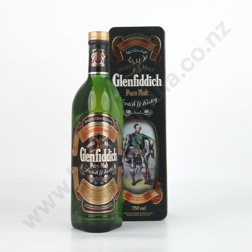 Vintage 1980's Glenfiddich Pure Malt Special Old Reserve Single Malt Sotch Whiskey in Original Tin Image 1++
