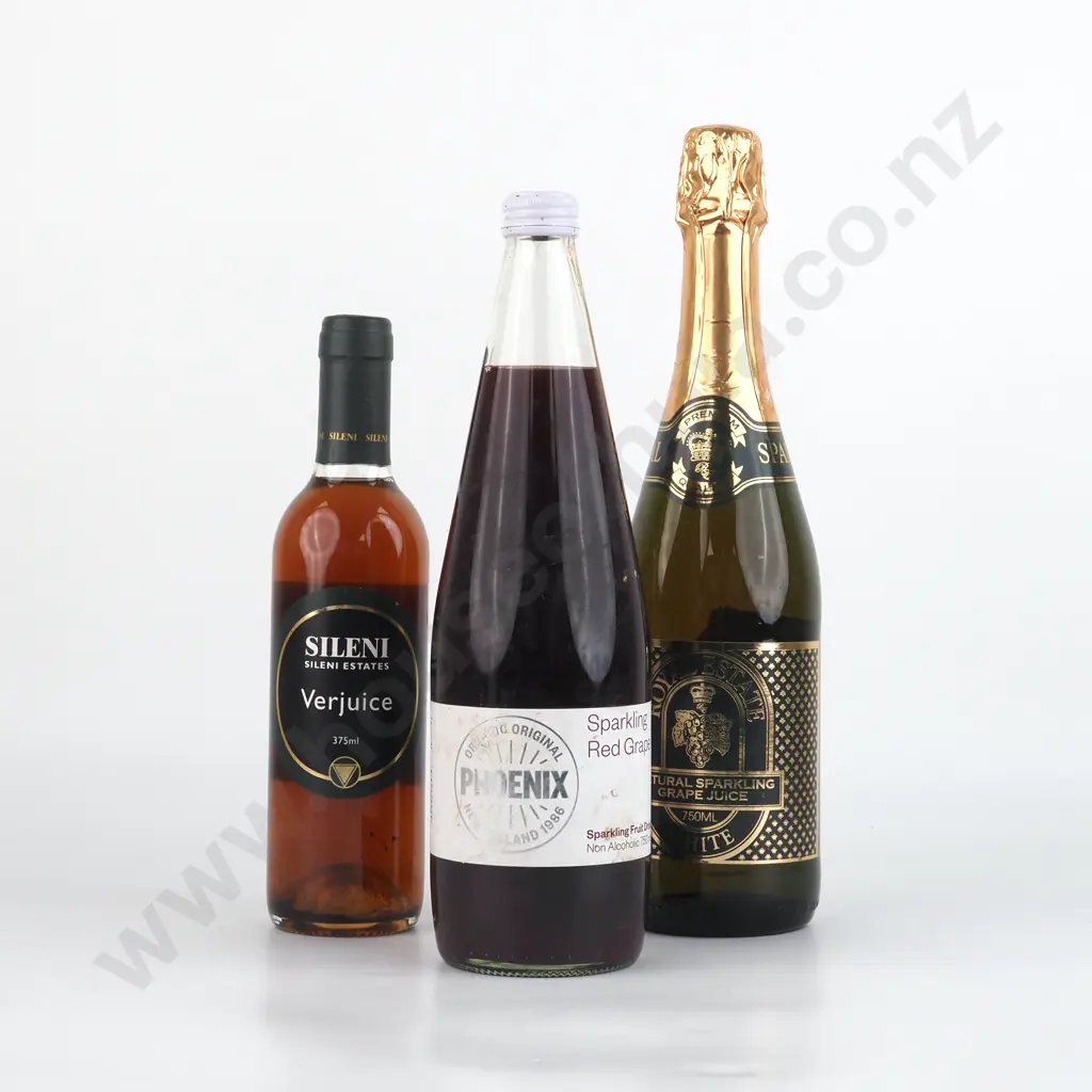 Sileni Estate Verjuice 375mls; Royal Estate Natural Sparkling White Grape Juice; Phoenix 1986 Sparkling Red Grape Juice. Image 1++