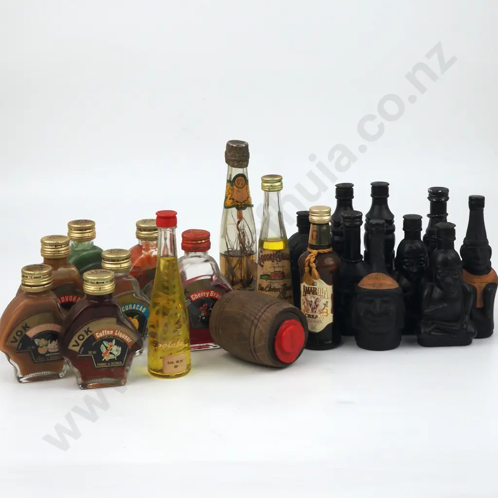 Box Of Miniature Alcohol Bottles Including  A Large Number Of Vok & Inca Pisco Black Face  (Grape Brandy) Bottles Image 1++