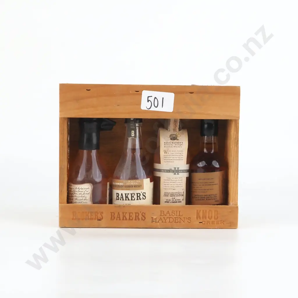Four Miniature Hand Bottled Bourbons Of True Distinction in Wooden Case. Image 1++