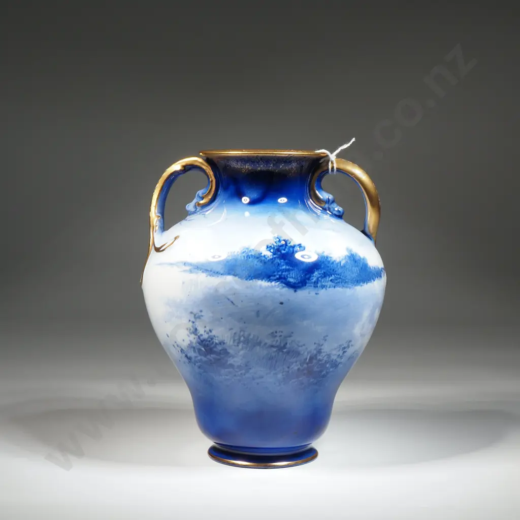 Royal Doulton Double Handled Gilt Blue Children’s Ware Vase Depicting A Mother & Child In The Snow Image 1++