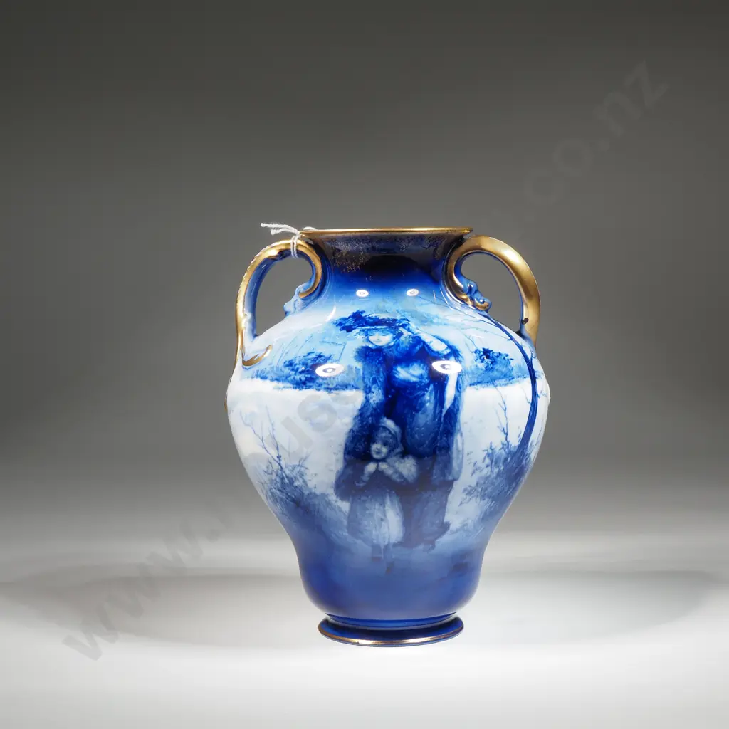 Royal Doulton Double Handled Gilt Blue Children’s Ware Vase Depicting A Mother & Child In The Snow Image 1++