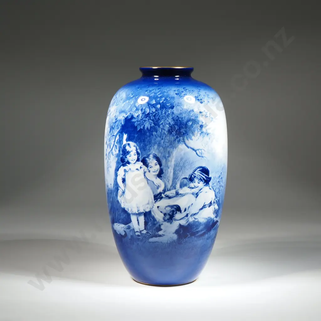 Royal Doulton Blue Children’s Ware Vase Depicting A  Picnicking Scene With Two Children, Their Mother &  Collie Dog Image 1++