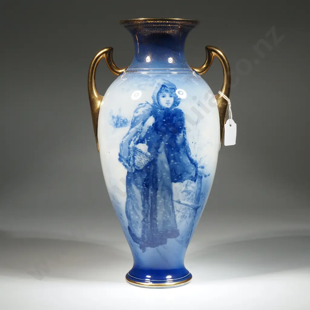 Unusual Royal Doulton Blue Series Ware Vase w Gilt Handles Depicting A Young Girl In The Snow w Daffodil Pattern Verso Image 1++