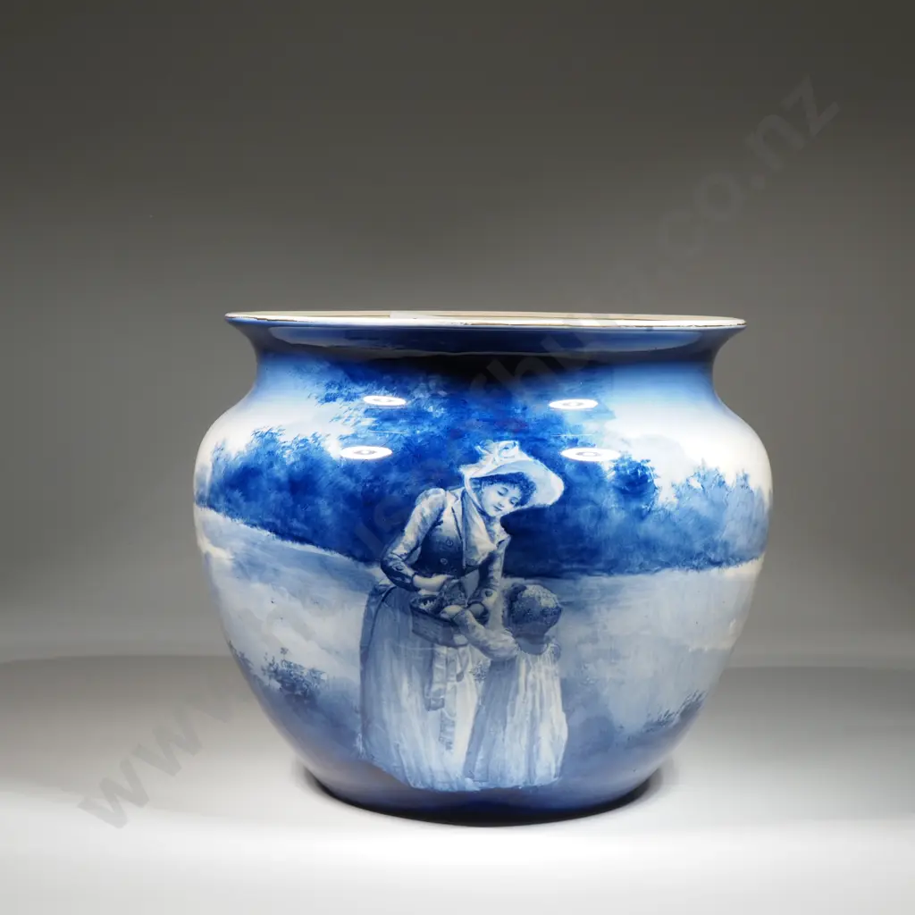 Antique Royal Doulton Blue Children’s Ware Jardiniere Depicting A Child Rummaging Through Her Mother's Basket  Image 1++
