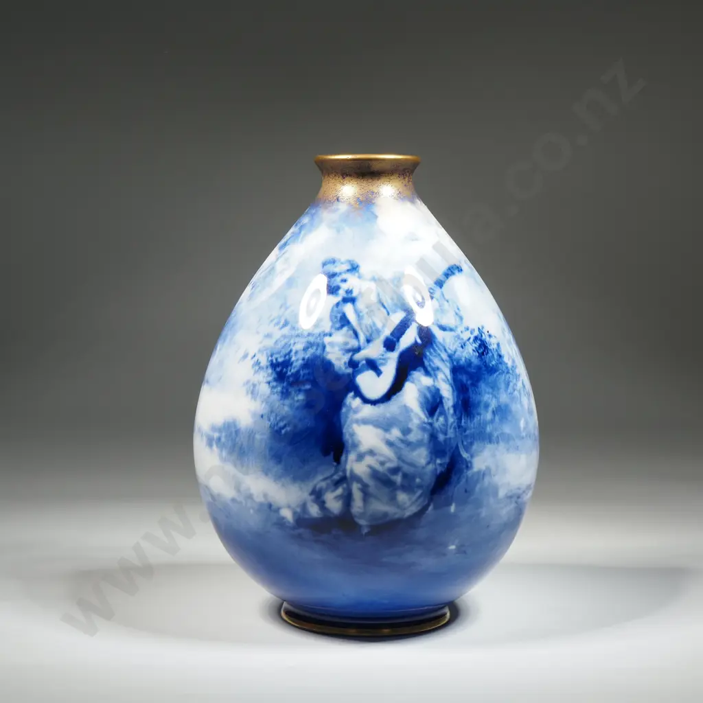 Royal Doulton Blue Children Vase Of Ovoid Form Depicting A Women w Guitar In A Pastoral Setting Image 1++
