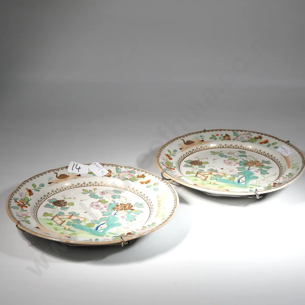 Pair Of Antique Davenport Stone China Plates Featuring A Chinoiserie Pattern with Stork & Floral Motifs (A/F) Image 1++