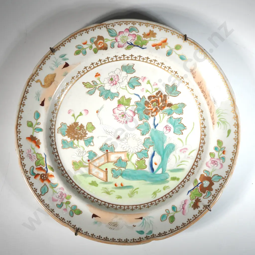 Pair Of Antique Davenport Stone China Plates Featuring A Chinoiserie Pattern with Stork & Floral Motifs (A/F) Image 1++