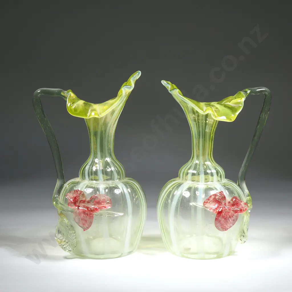 Pair Of Early 20th Century Uranium Glass Handled Specimen Vases Image 1++