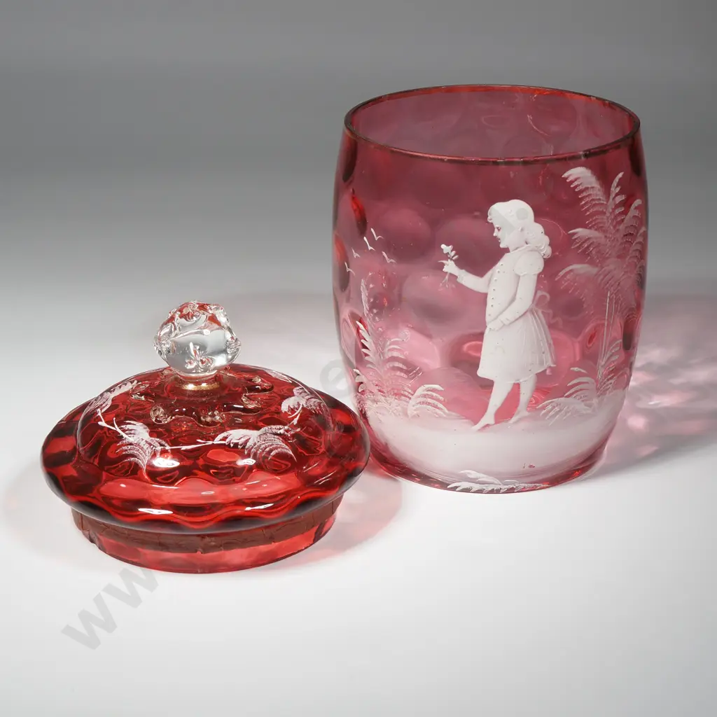 Cranberry Glass Mary Gregory Lidded Jar w White Enamel Figure Of A Young Girl Image 1++