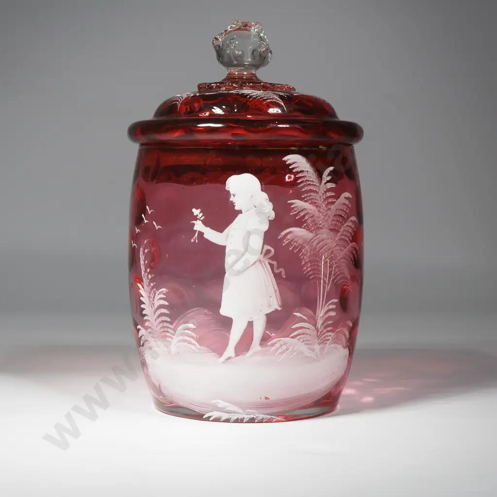 Cranberry Glass Mary Gregory Lidded Jar w White Enamel Figure Of A Young Girl Image 1++