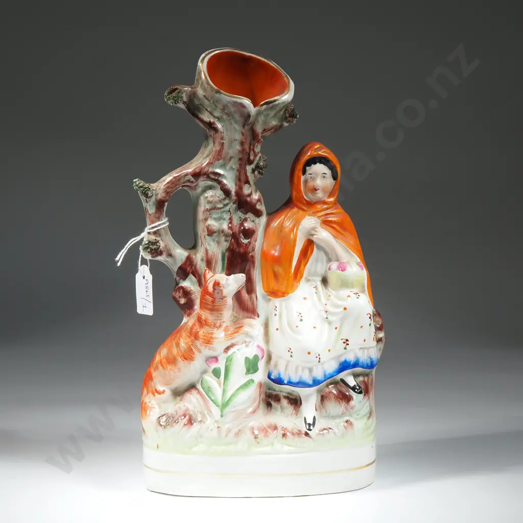 Antique English Victorian Staffordshire Figure/Spill Vase - “Little Red Riding Hood” The Spill Vase Is Formed As A Tree Image 1++