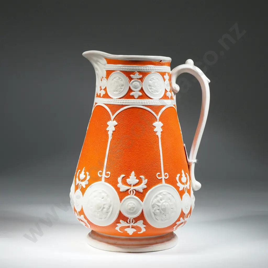 Antique Ashworth Jug Textured Orange Ground w Cream Embossed Relief Image 1++