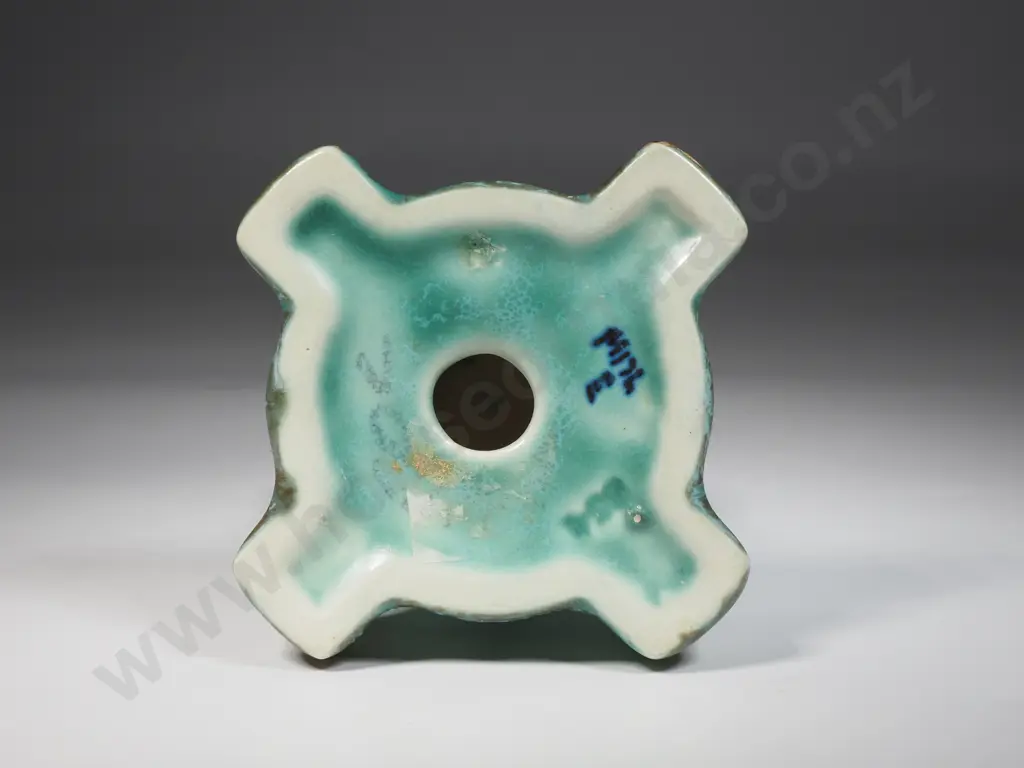 Art Deco Beswick Style Ceramic Candlestick w Green Speckled Glaze Image 1++