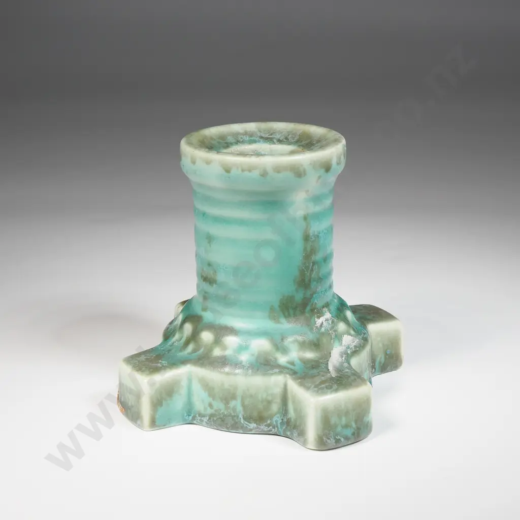 Art Deco Beswick Style Ceramic Candlestick w Green Speckled Glaze Image 1++