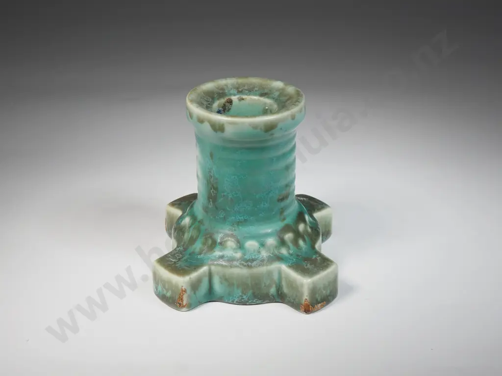 Art Deco Beswick Style Ceramic Candlestick w Green Speckled Glaze Image 1++