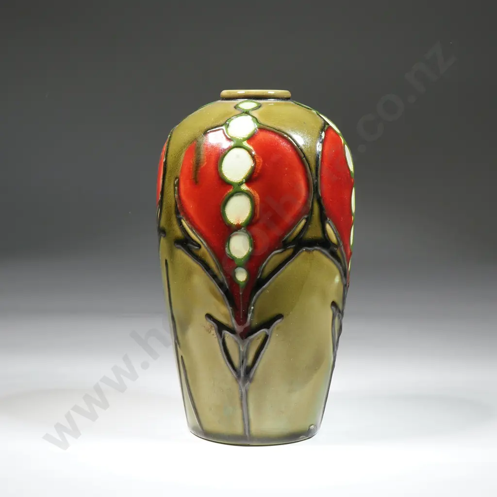 Minton Secessionist No.16 Vase Green - Red & White Glazes To The Ground w Green Tube Lining Image 1++