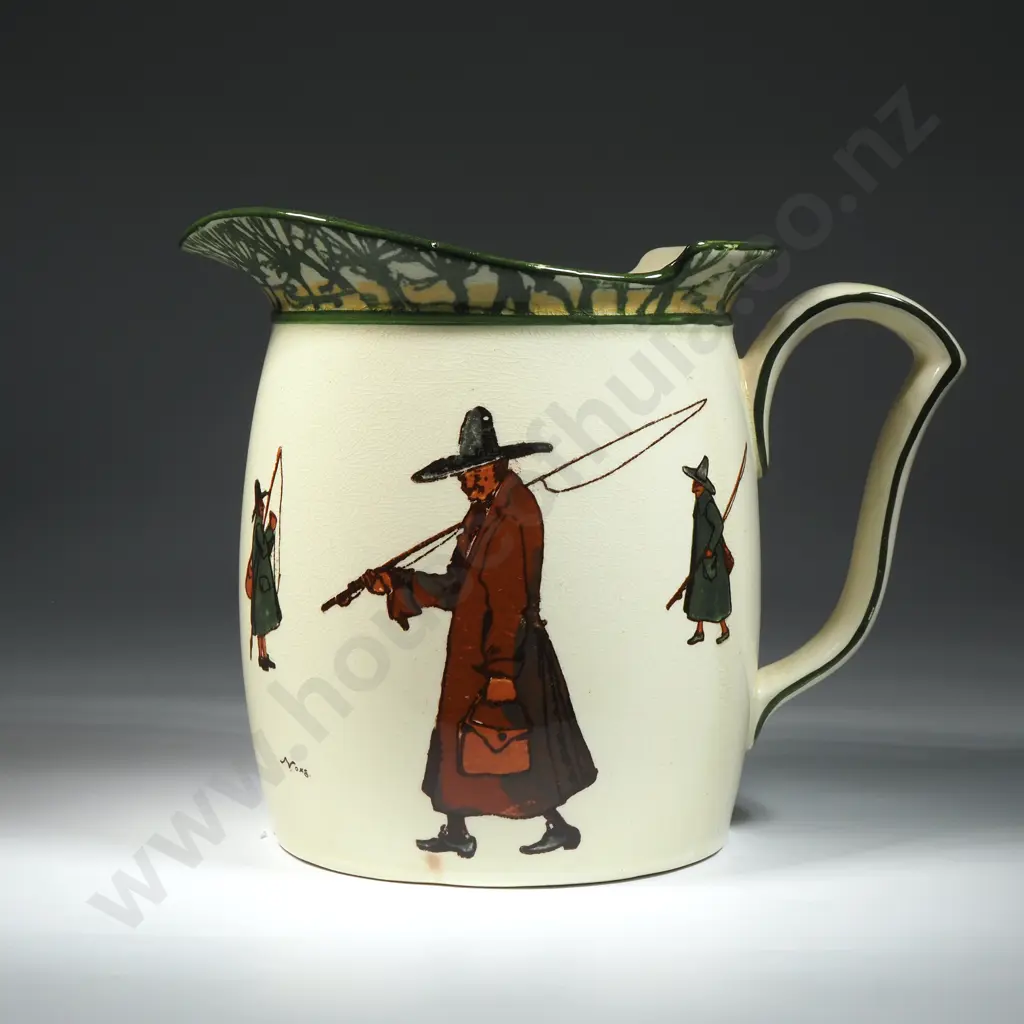 Large Isaac Walton Royal Doulton Jug w Cream Ground & Brown/Grey Motif Image 1++