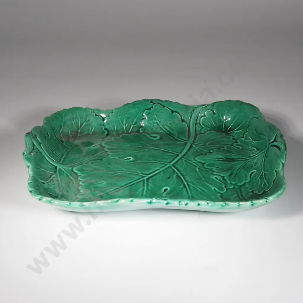 Minton Majolica Rectangular Green Serving Plate w Embossed Leaf Decoration Image 1++