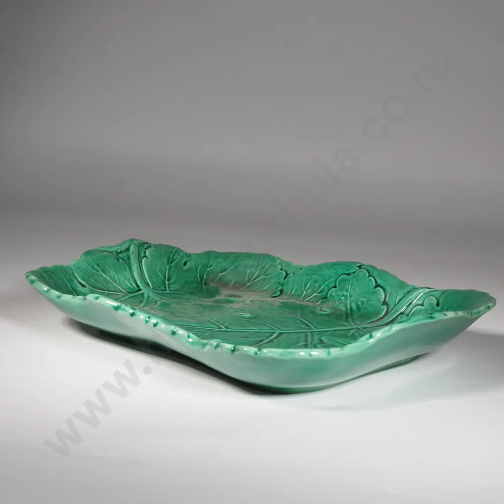 Minton Majolica Rectangular Green Serving Plate w Embossed Leaf Decoration Image 1++