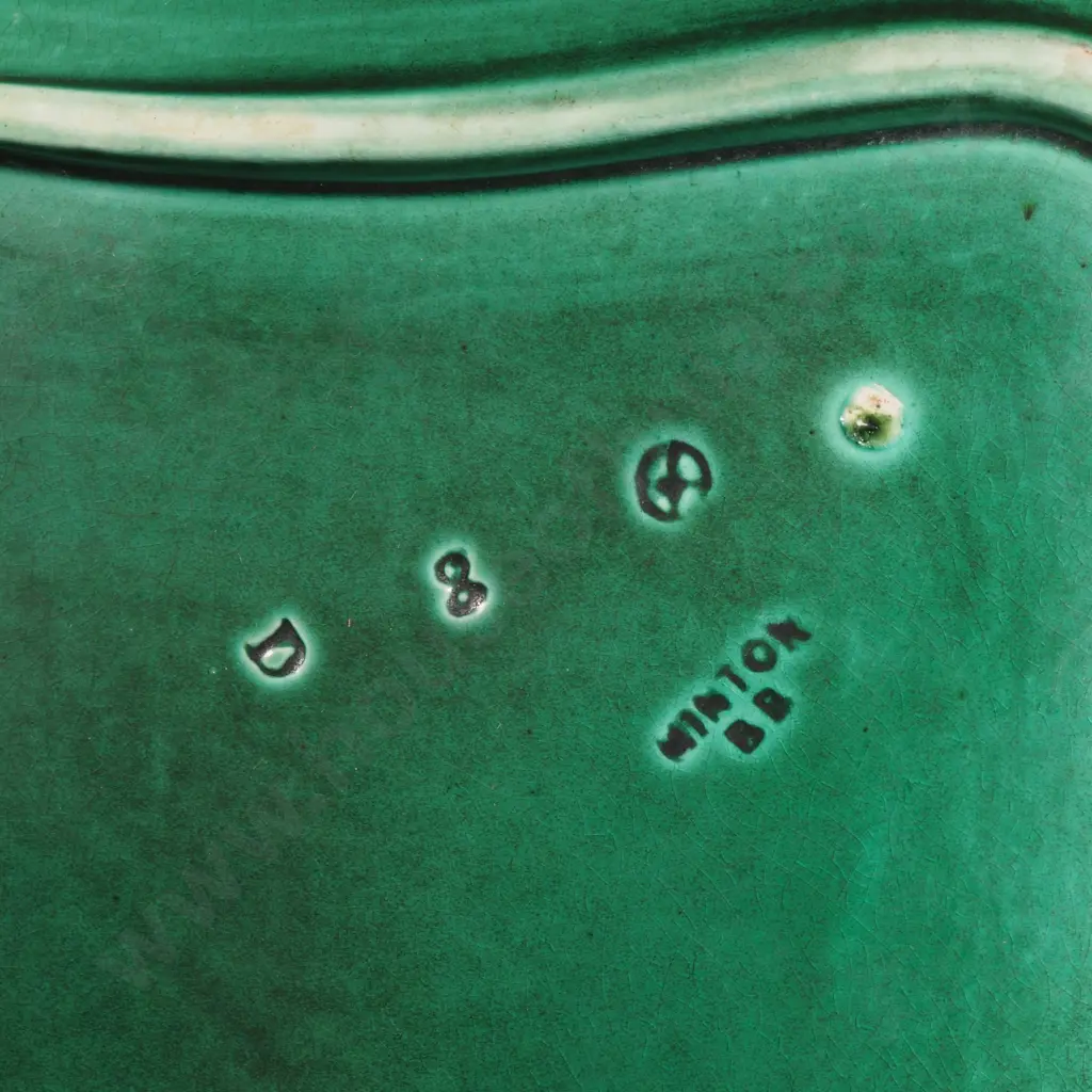 Minton Majolica Rectangular Green Serving Plate w Embossed Leaf Decoration Image 1++