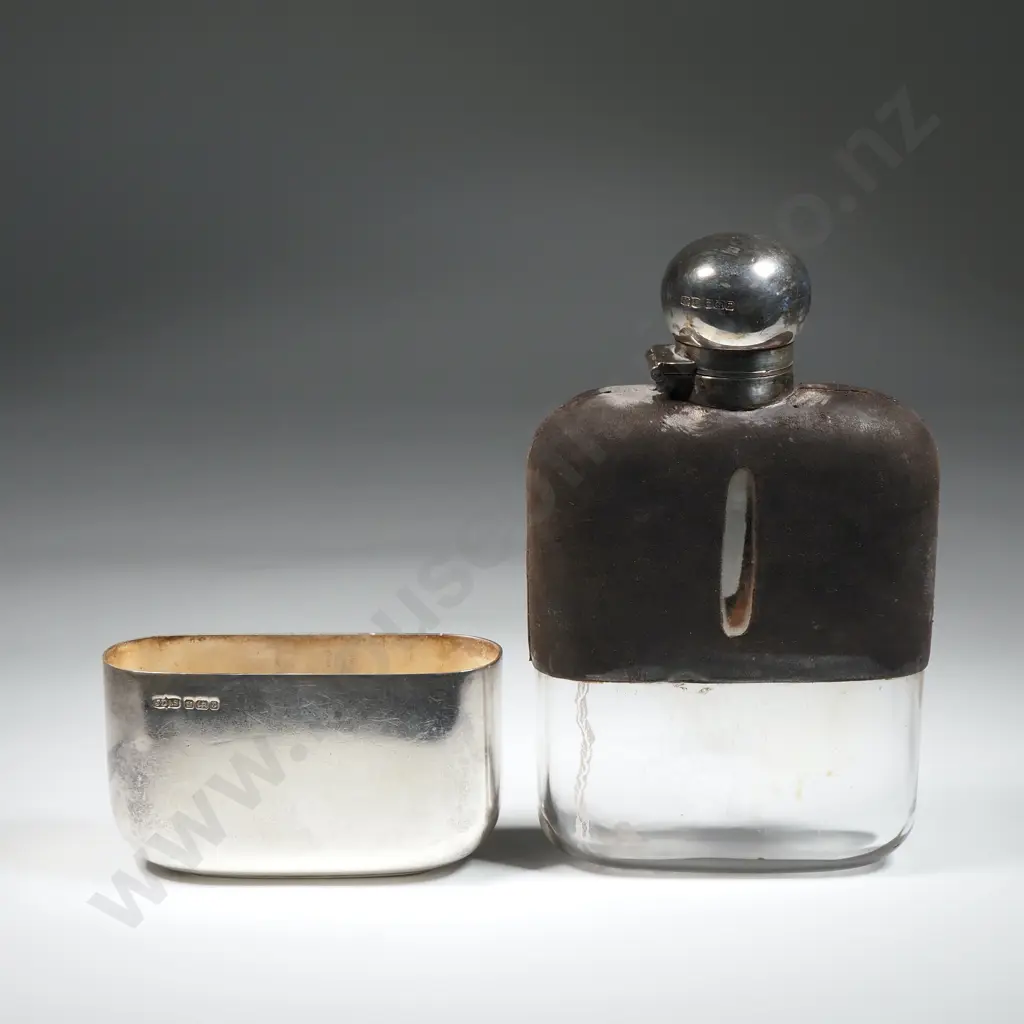 Sterling Silver & Glass Hip Flask w Detachable Cup - London 1930 Image 1++