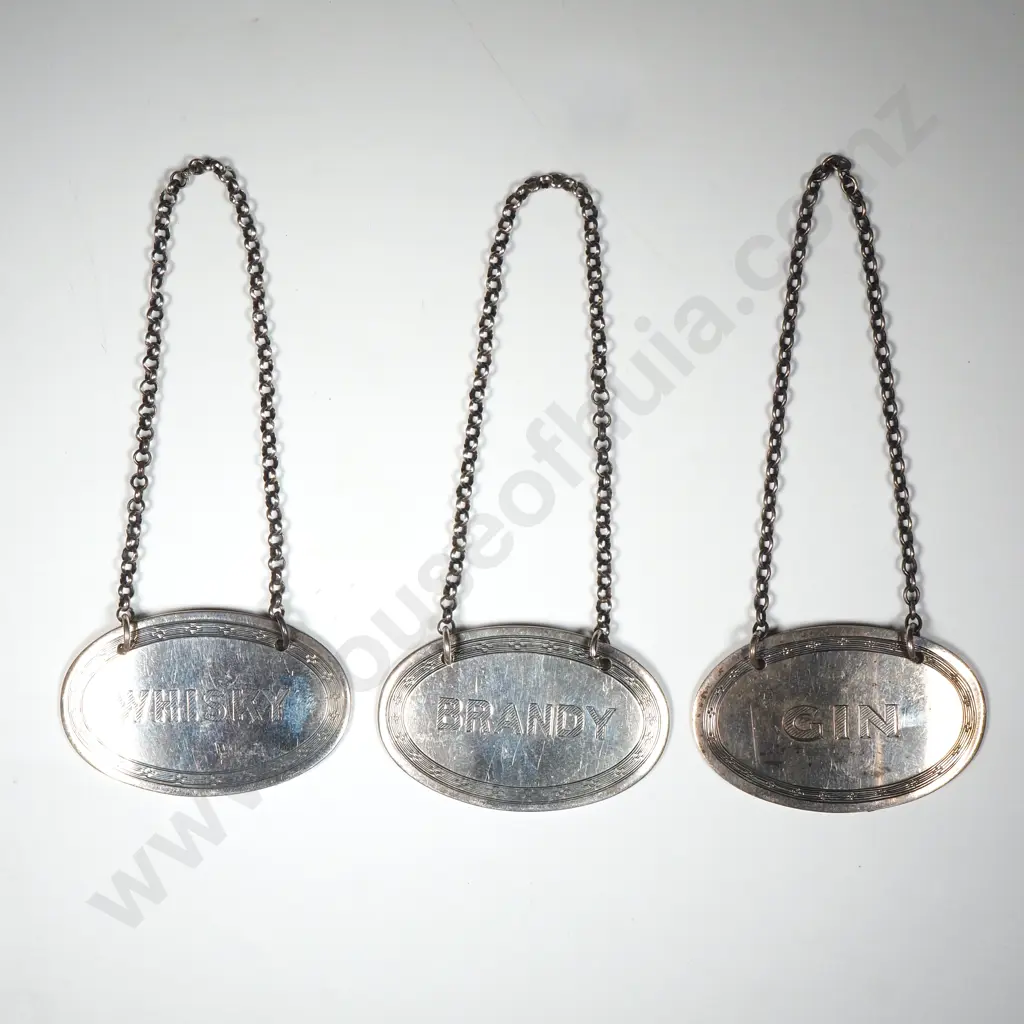 Three Sterling Silver Oval Decanter Labels For Gin - Whisky & Brandy Image 1++