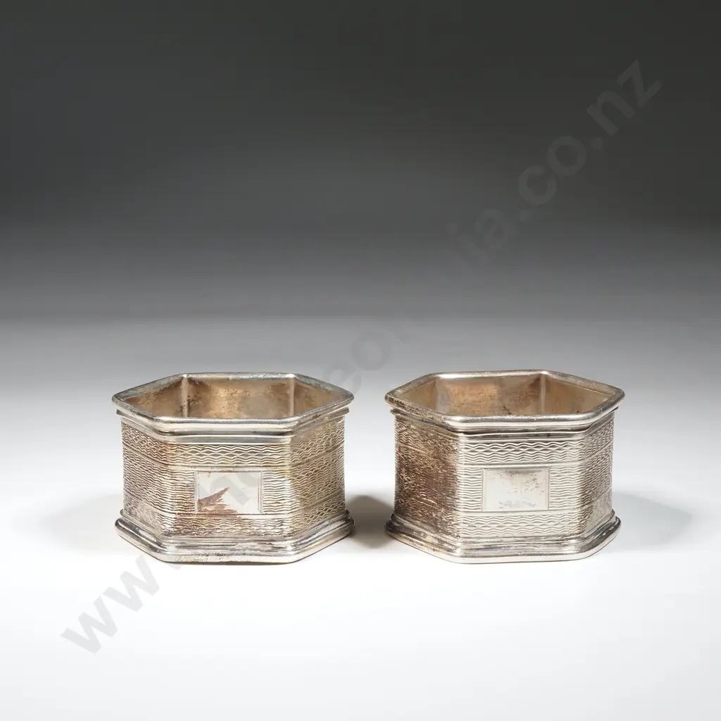 Good Pair Of Hexagonal Sterling Silver Engine Turned Napkin Rings  Image 1++