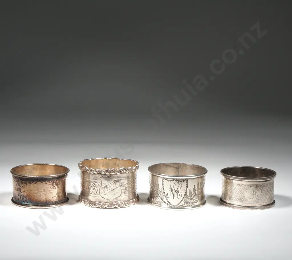 Four Sterling SIlver Napkin Rings - One Colonial Image 1++