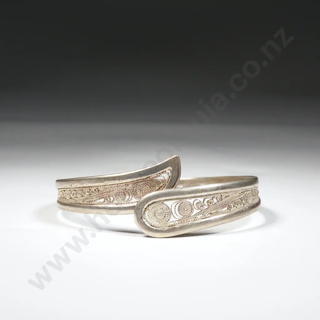 Etruscan Revival Filigree Sterling Silver  Cross Over Cuff Bracelet  Image 1++